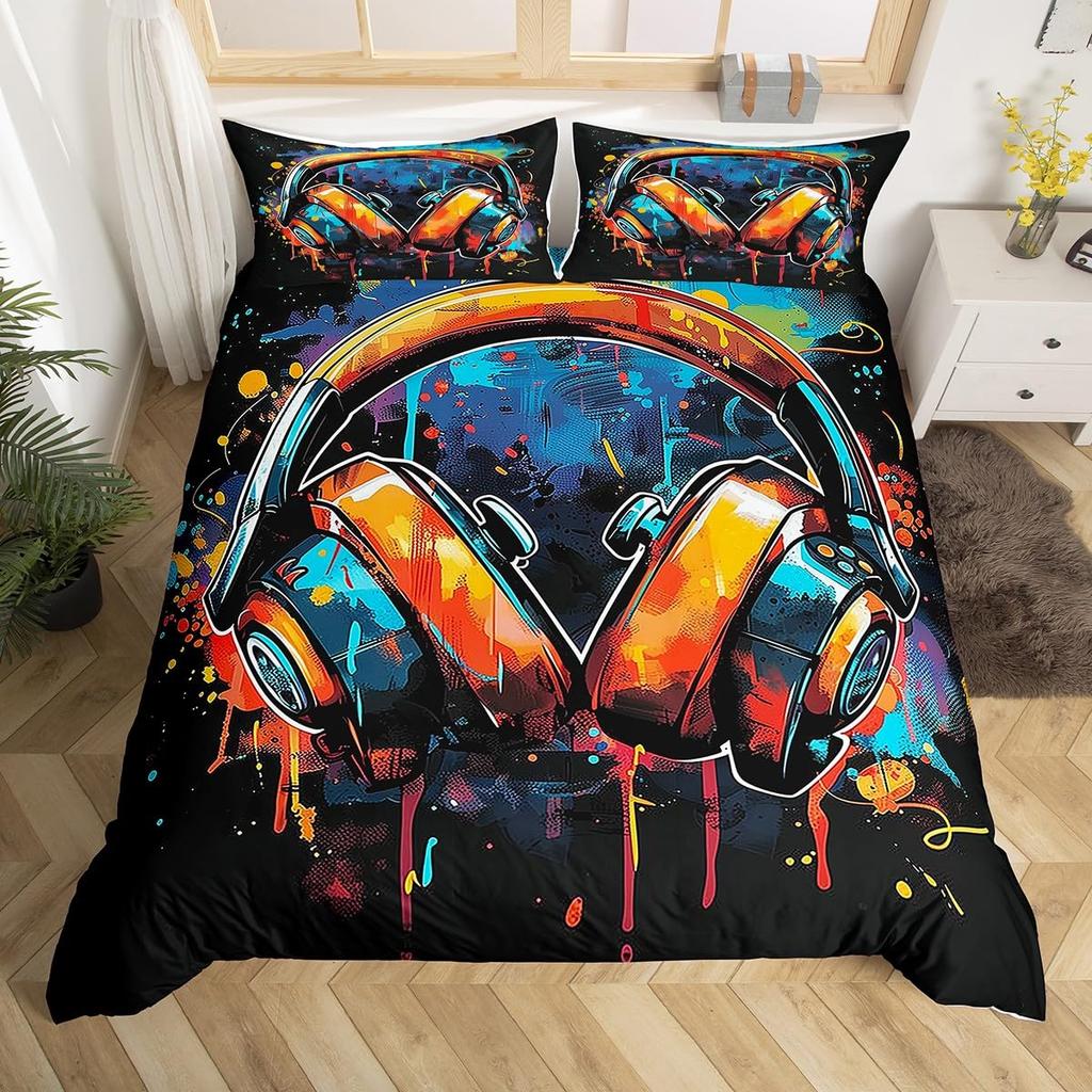 Headphones Duvet Cover Set for Kids Teens Queen Lightweight Down Quilt Covers Bedroom Decor 2 Pillowcases 1 Duvet Cover No Quilt