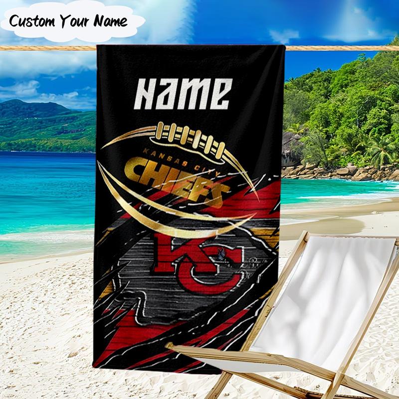 1PC Custom Name Beach Towel Kansas Chiefs Fan Gear Beach Towel, Suitable for Camping, Travel, Beach Accessories, Super Absorbent, Family Gift