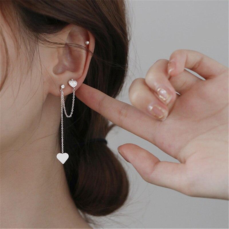 925 Sterling Silver Asymmetry Tassel Long Chain Zircon Heart Drop Earring for Women Girls Wedding Party Elegant Jewelry
