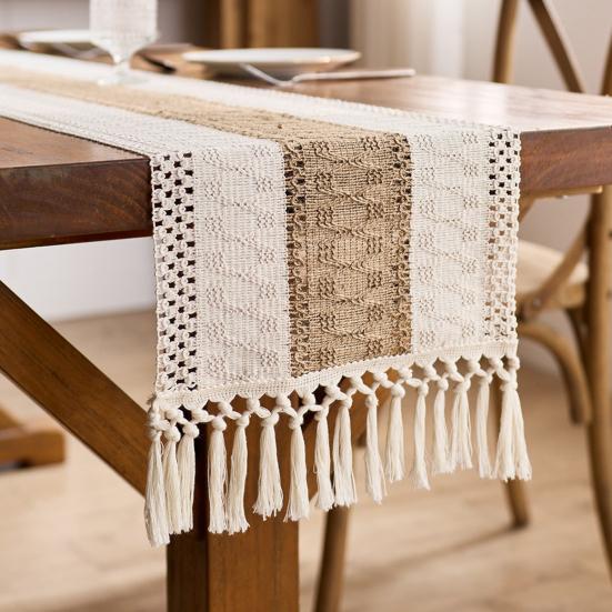 Table Runner Color Block Long Strip Design Tassel Element Table Flag Easy To Clean Dining Table Decor Accessory