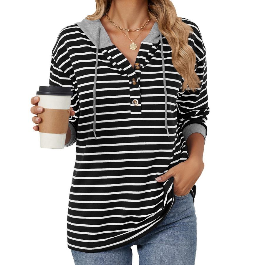 Women Autumn Winter Striped Pullover Long Sleeves Hoodies Contrasting Splicing Hooded Loose Sweatshirt for Women