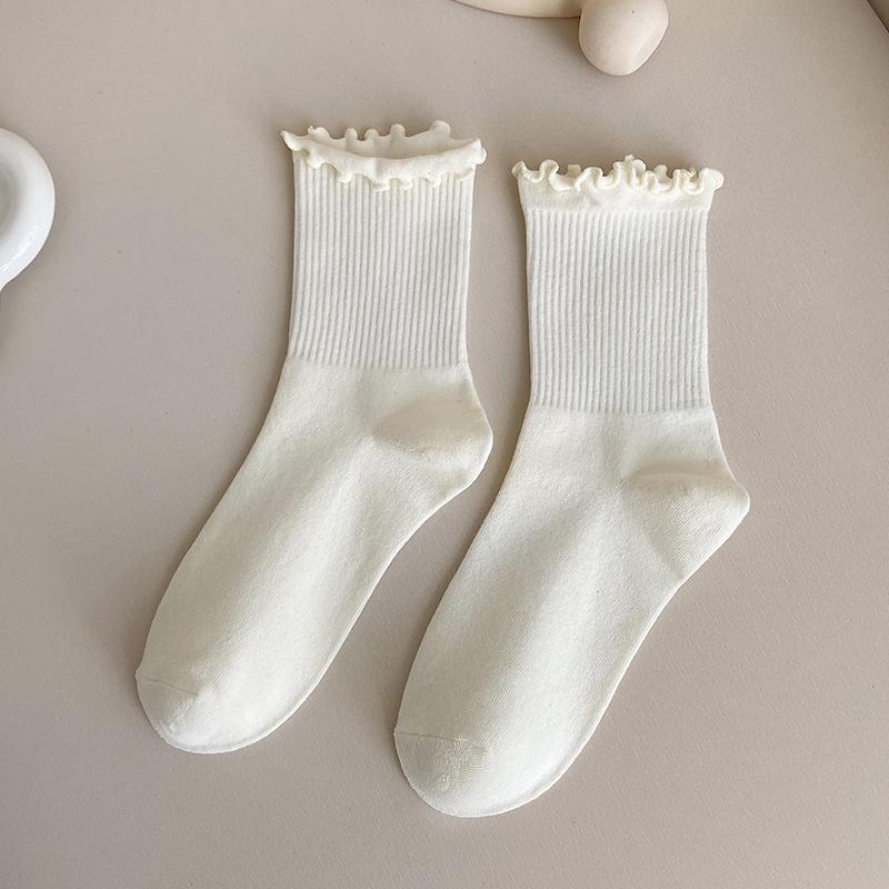 Spring and summer JK pure cotton solid color fungus lace socks women's medium tube Japanese cute girl socks Lolita versatile socks