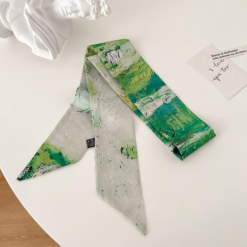 Dark green national style oil painting series artistic sense long elegant small silk scarf women s headband hair tie spring and autumn decorative 6-100cm