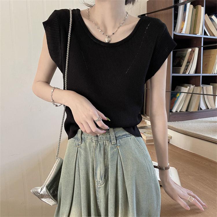 Hollow Out Short Sleeved Knitted Sweater for Women In Summer Slimming Down with Round Neck Camisole T-shirt Ice Silk Top