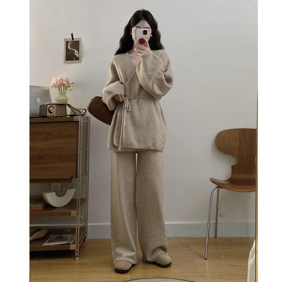 Elegant Autumn/Winter Loose-Fit Sweater & Wide-Leg Pants Set for Women