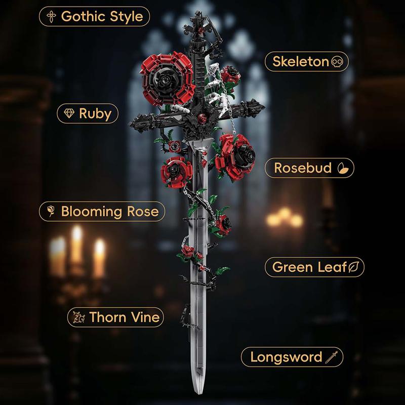 Black Thorn Sword Rose Building Blocks Gothic Style High Difficulty Assembly Model Creative Ornament Dark Style Gift