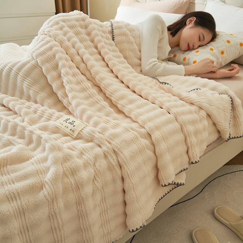 Solid Color Fluffy Blankets Thickened Wide Striped Blanket Soft Warm Sofa Bed Sheet Cover Chunky Nap Blanket Home Bedroom Decor