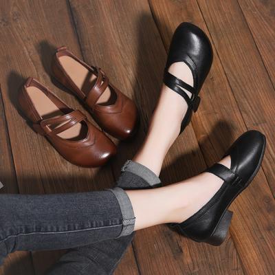 Retro Literary Leather Single Shoes Autumn New Beef Tendon Round Head Ethnic Style First Layer Cowhide Women's Shoes Shallow Mouth Mother Shoes