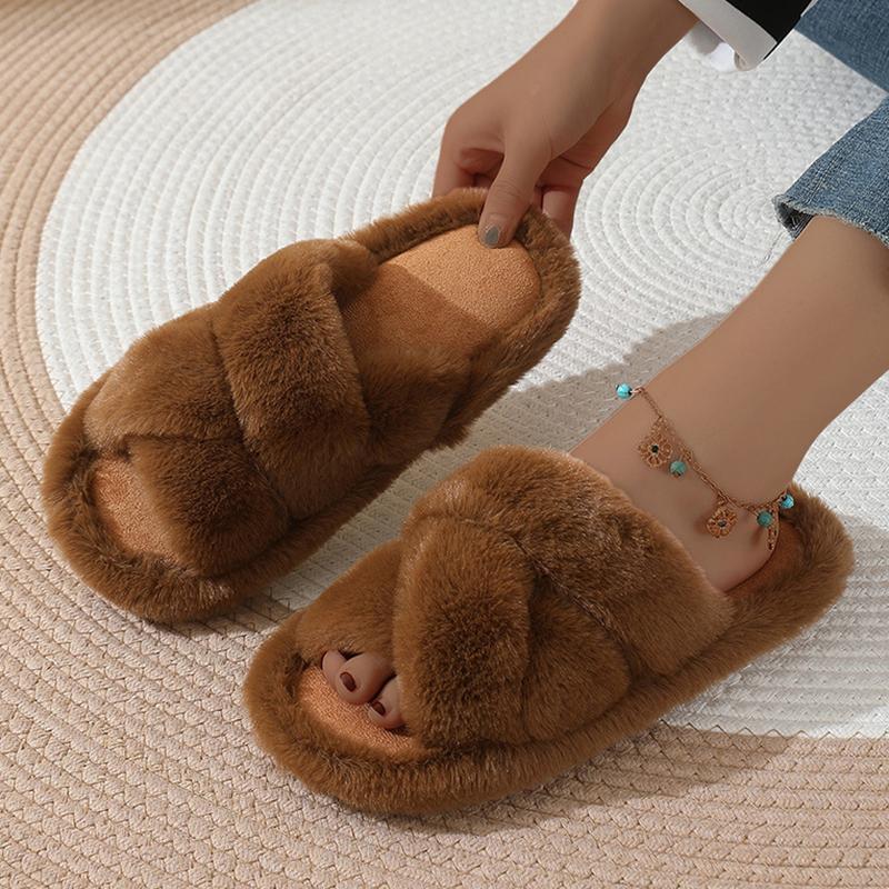 Women's Fluffy Cross Strap Fur Slippers Lightweight Soft Warm Plush House Slippers Woman Autumn Winter Flat Indoor Fuzzy Slides