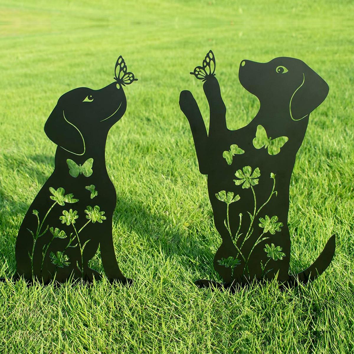 

Small Dog Silhouette Garden Ornament: Hollow Iron Art Lawn Decoration. чёрный