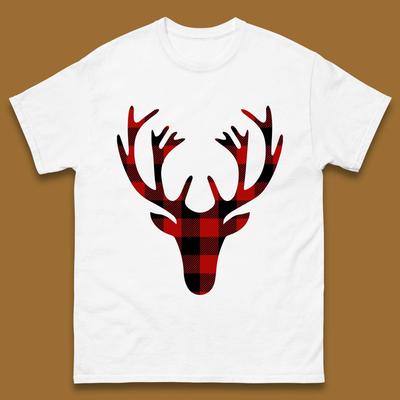 Merry Christmas Buffalo Plaid Deer Head Mens T Shirt Womens Tops Tees Christmas Top
