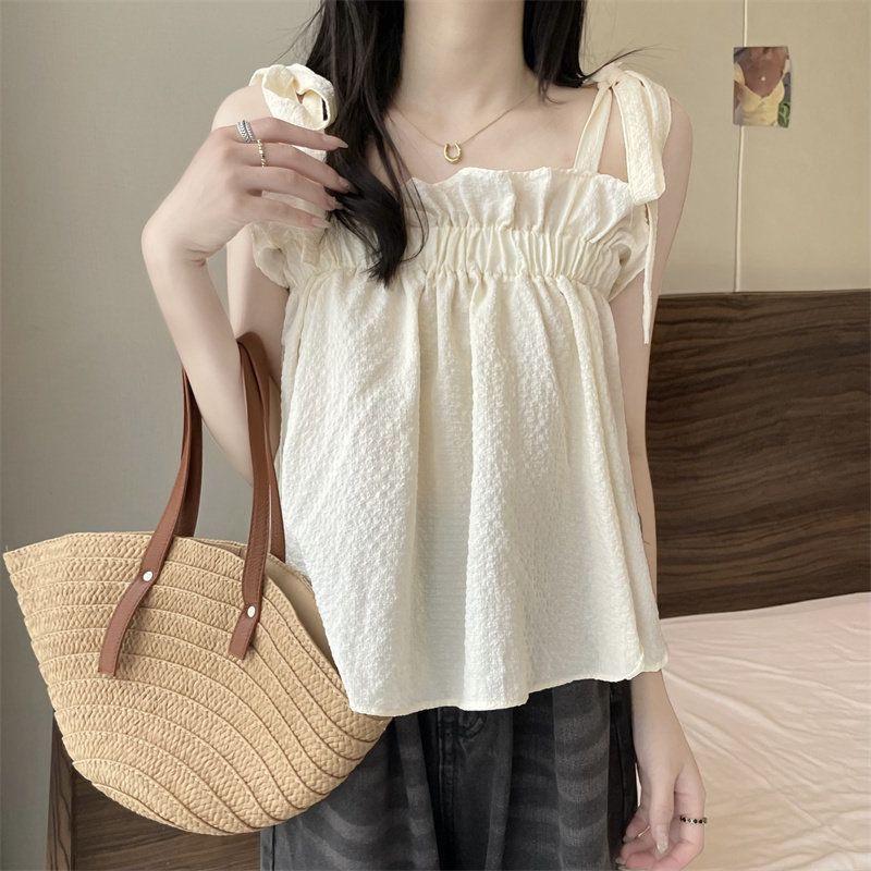 Women s Sweet & Fresh Textured Cropped Tie-Up Camisole: Summer 2026 Ruffle, Loose, Slimming Top Large абрикосовый