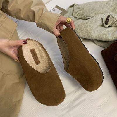 Fashion 2024 Women's Plush Warm Slippers Mid Heel Loafers Covered Toes Slippers Women's Solid Color Plush Cotton Slippers