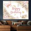 2D Happy Birthday Backdrop Pink Gold Butterfly Floral Party Background Banner