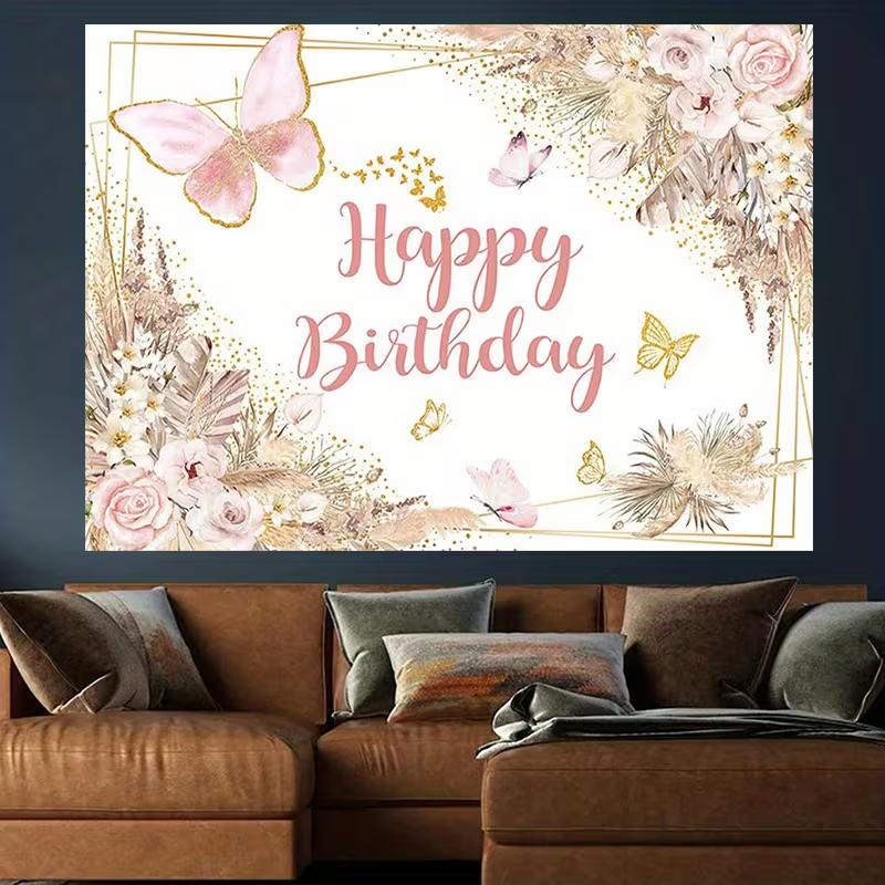 2D Happy Birthday Backdrop Pink Gold Butterfly Floral Party Background Banner