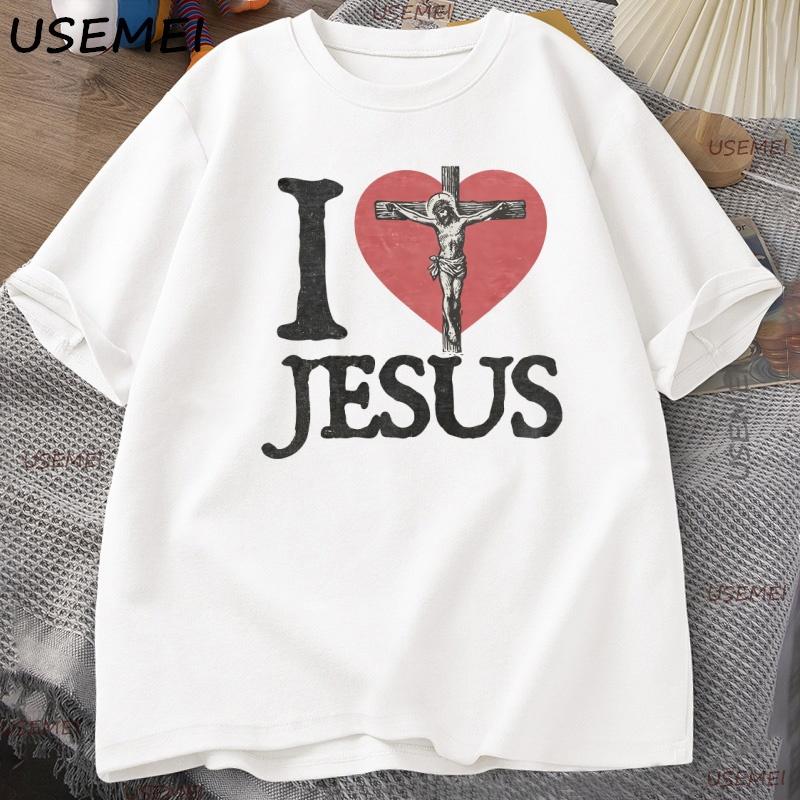 

I Love Jesus T-shirt Men Vintage Christian Tee Retro Faith Graphic Tee Easter Religious T Shirt Harajuku Short Sleeves Tops XL