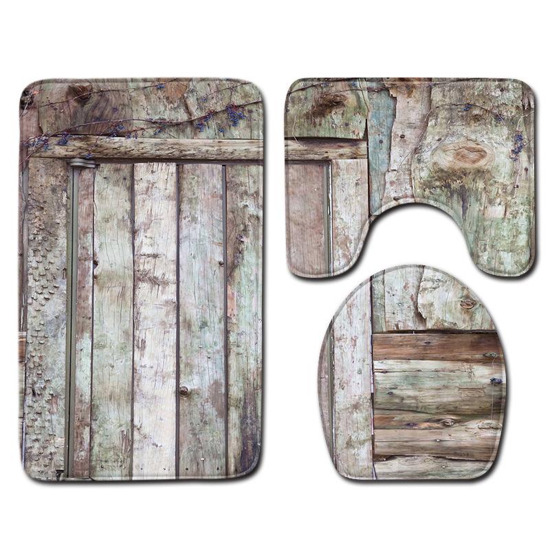 Wood Grain Board Texture Toilet Carpet Set Bathroom Non-Slip Floor Mat Doormat