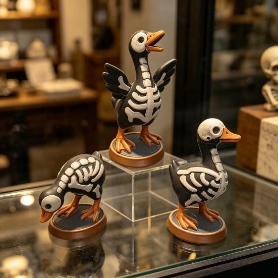 3Pcs Halloween Spooky Skeleton Goose Figurine, Miniature Skeleton Goose Resin Statue, Skeleton Animal Sculpture Desktop Ornament for Home, Office,
