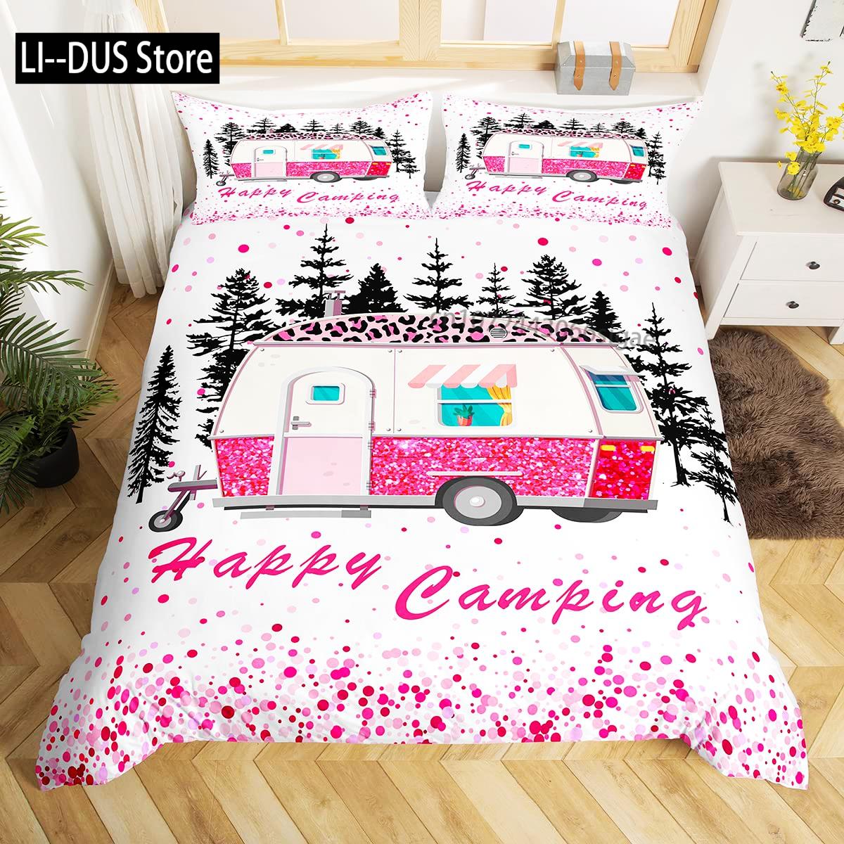 

Rustic Farmhouse Style Bedding Set 3 Pieces, Happy Camping Duvet Cover for Boy Kid Teens Camper, Black Comforter Cover Full Size 135x200cm