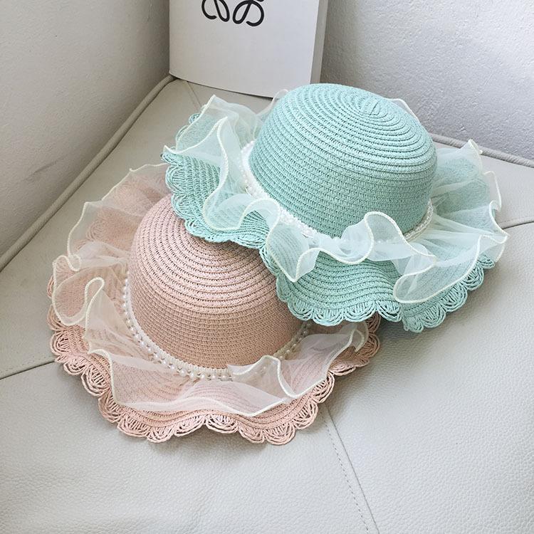 Girls Summer Straw Sun Hat With Pearl Lace Wide Brim Baby Beach Shade Cap Stylish UV Protection Outdoor Headwear
