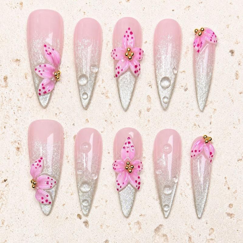 10pcs Handmade Press-On Nails With 3D Floral Design Nude Pink Gradient Glitter Long Almond Shape Women Small