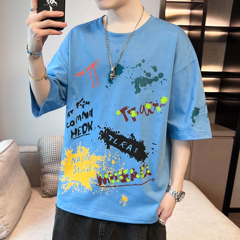 Summer Streetwear Graffiti Printed Short Sleeve T-shirt Men Casual Fashion Loose Pullovers Tee Top