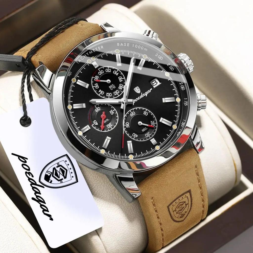 POEDAGAR Functional Luxury Man Wristwatch Date Waterproof Luminous Chronograph Men Watch Male Leather Men's Quartz Watches Reloj