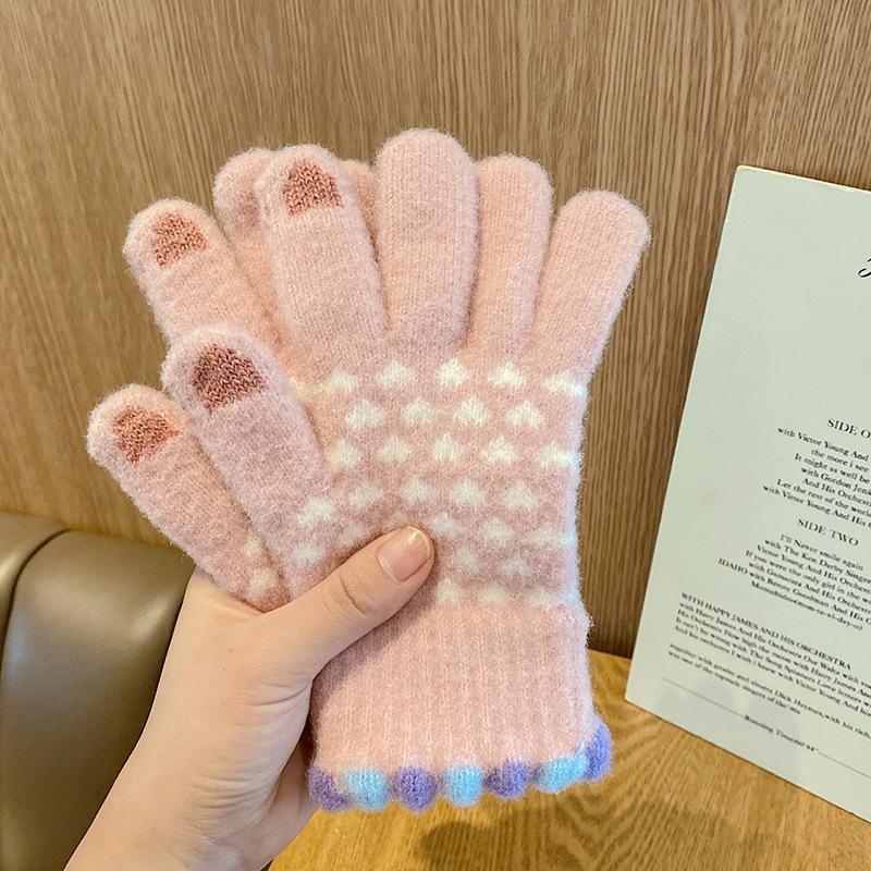 Winter Touchscreen Warme Handschuhe für Damen, Koreanische Version, Kältefestes Radfahren, Niedliche Plüschgestrickte Verdickte Ins Woll Trendy