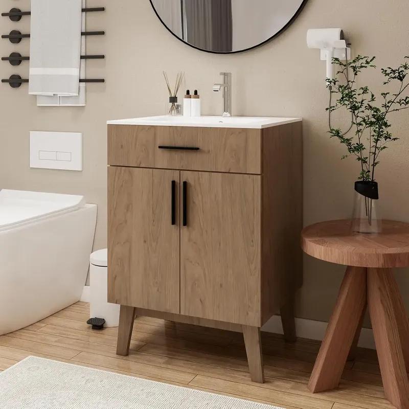 Gabinete de Banheiro de 24" com Cuba, Conjunto de Gabinete com Duas Portas de Armário com Fechamento Suave, Conjunto Moderno de Gabinete Único para Banheiro, Personalizado