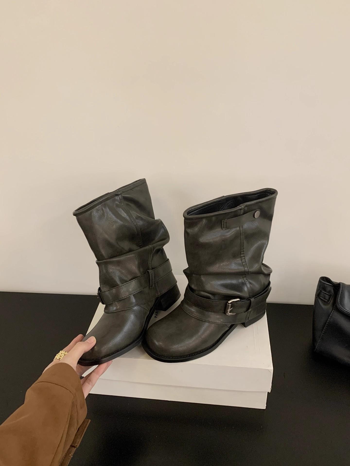 

Ботильоны на толстой подошве и толстом каблуке, короткие ботинки, детские новые летне-осенние, юбка, ковбойские ботинки вестерн, ботинки Мартин 40 чёрный