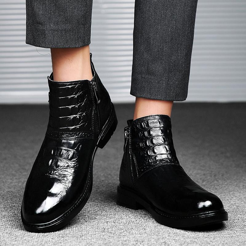 Fashion Fashion Crocodile Patterned Genuine Leather Mens Boots Luxury Brand Winter Fleece Warm Chelsea Boots High-quality Handmade Boots