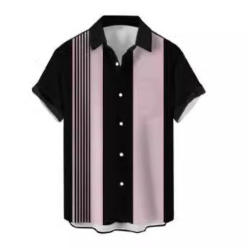 Men s Contrast Stripe Short Sleeve Shirt Casual Lapel Loose Top S