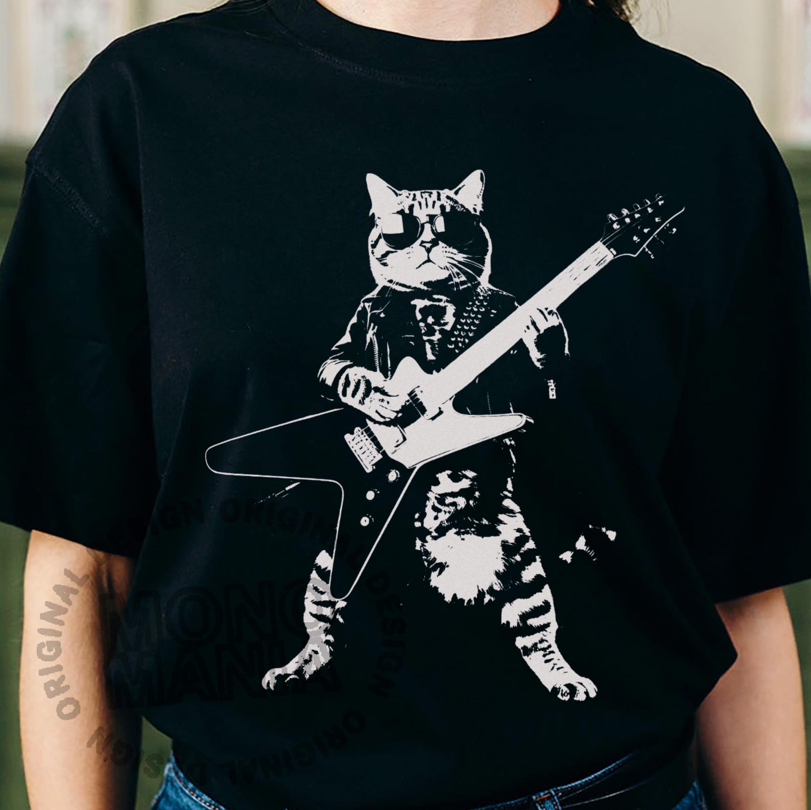 Rock Cat Guitar T-Shirt, Rocker cat tee, rockstar kitty, Funny Cat Lover Gift S