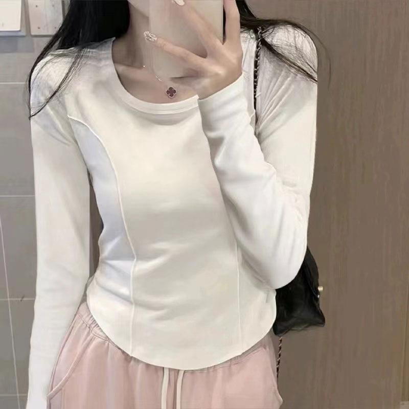 Solid color German velvet long-sleeved T-shirt women's winter double-sided polished warm slim-fit short fish bone top