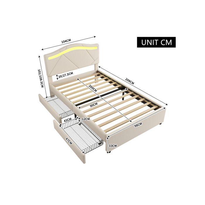 Lit rembourré - MUVOE - 90x200 cm - Beige - Éclairage LED télécommandé - 2 tiroirs de rangement