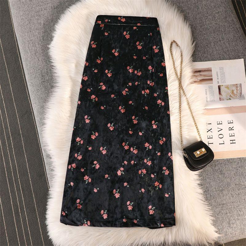 Fusta pe jumatate de toamna si iarna Fusta de dama Retro auriu cu imprimeu din catifea Fusta lunga de dama