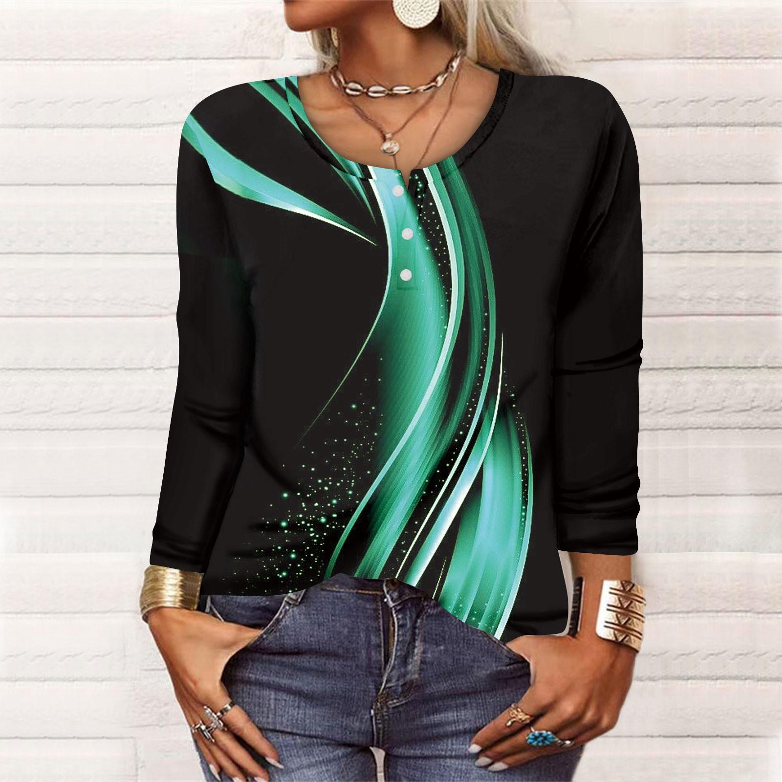

Long Sleeve Shirts For Women Pattern Print Graphic Tees Blouses Casual Plus Size Basic Tops Pullover L зелёный