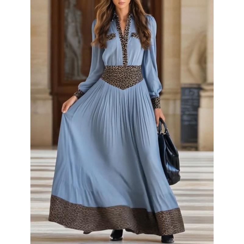 New autumn women's clothing long-sleeved long dress leopard print splicing dress European and American women's clothing
