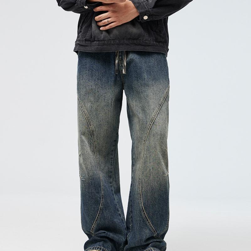 Old Semi-elastic Waist Drawstring Jeans for Men's Casual Loose High Street Mopping Pants
