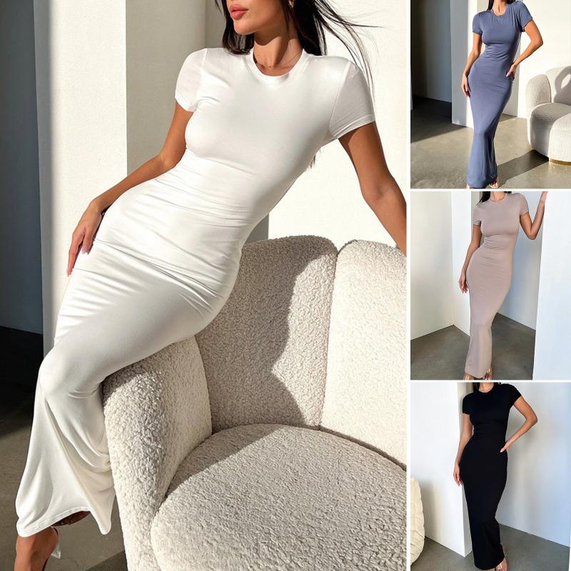 Fashion Short Sleeved Hip Summer Dress Spring/summer Solid Color Slim Fit Bodycon Casual Party Dresses O Neck Elegant Simple Clothing