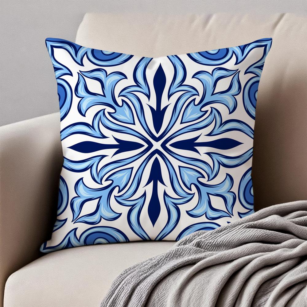 Fashion Blue Tiles Luxury Icon Cushion Cover Pillowcase Antidustmite Invisible Zipper Short Plush Sofa Cushion