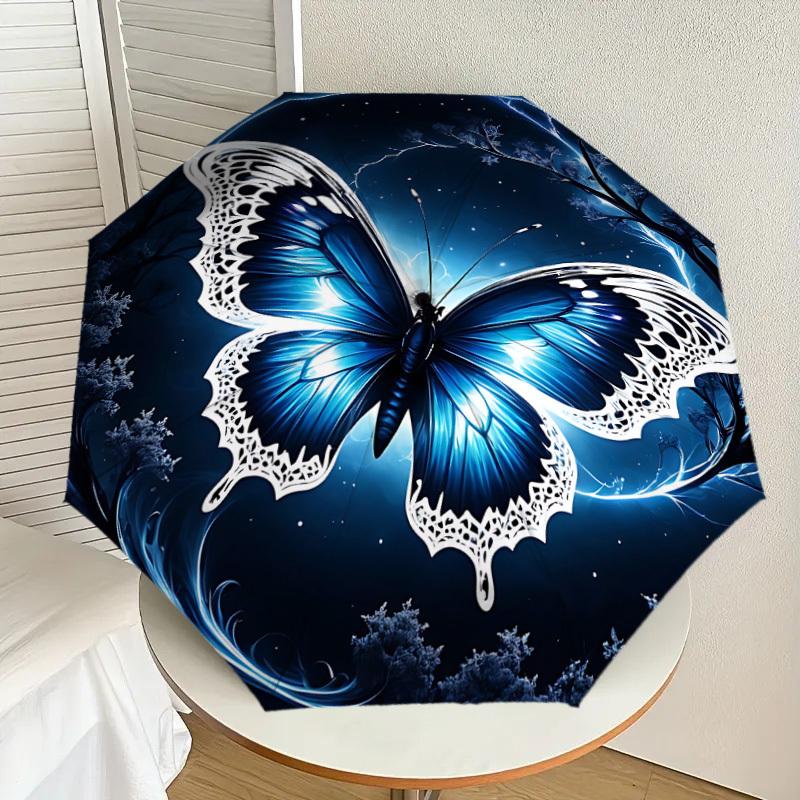 1 Stück Schmetterling Nacht Automatisches Öffnungs-/Schließschirm mit Winddichtigkeit, stabiles Dach mit 8 Speichen, langlebige Speichen, modisches Design, Outdoor-Accessoire, lustiger Prin