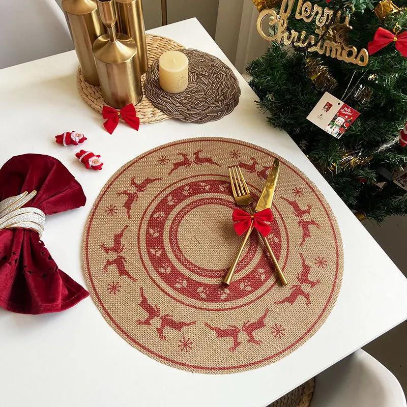 Retro Christmas Jute Placemat Round Printed Woven Dining Table Mat with Wool Ball Heat-Resistant Home Decorative Coffee Cup Mats