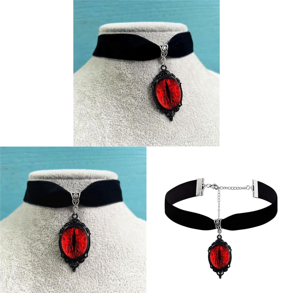 Gothic Vampire Pendant Necklace With Red Eyes And Velvet Chain For Women