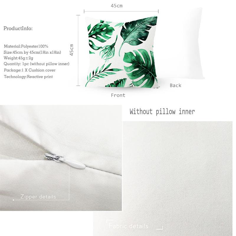 Summer Tropical Plants Decorative Pillowcase Green Leaves Throw Pillow Case Polyester Printing Pillow Cover 45X45Cm