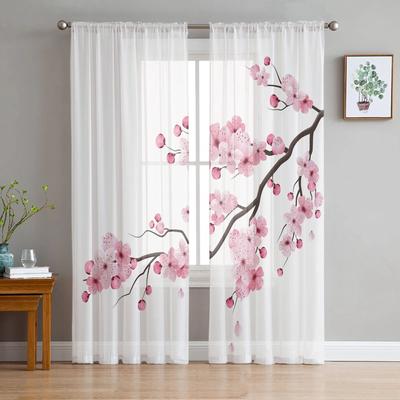 Japanese Pink Flower Cherry Blossom White Tulle Curtains for Living Room Drapes Window Sheer Modern Curtains for Bedroom Decor