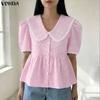VONDA Zomer Dames Poppenkraag Korte Mouw Geruite Print Casual Blouse Tops