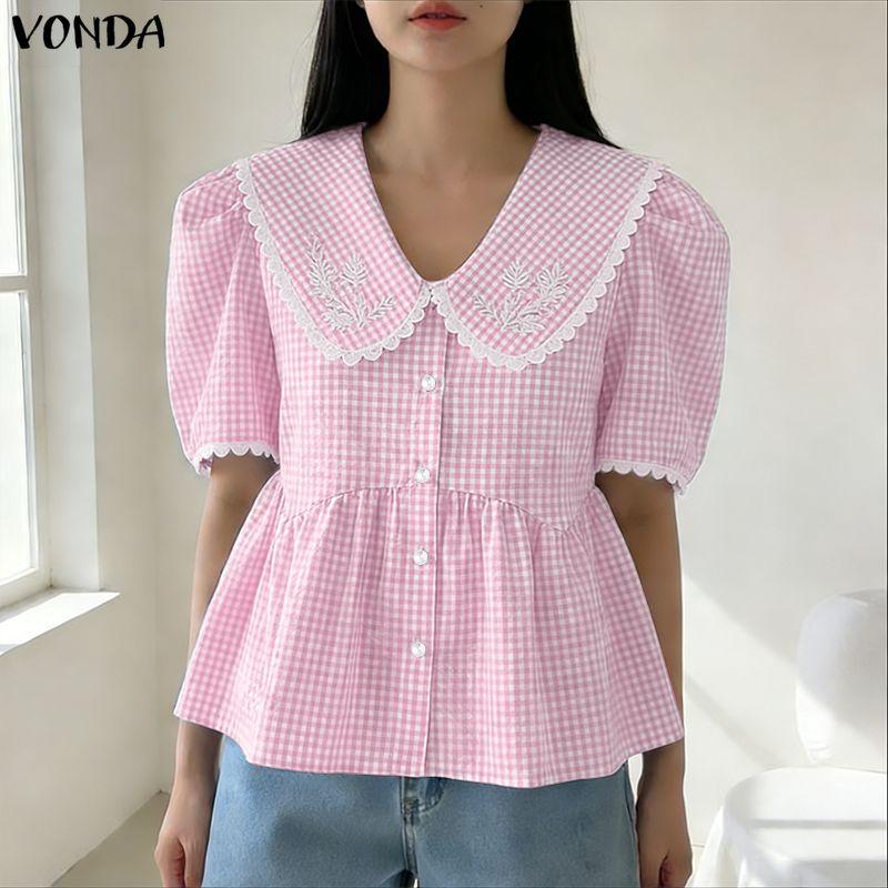 VONDA Zomer Dames Poppenkraag Korte Mouw Geruite Print Casual Blouse Tops
