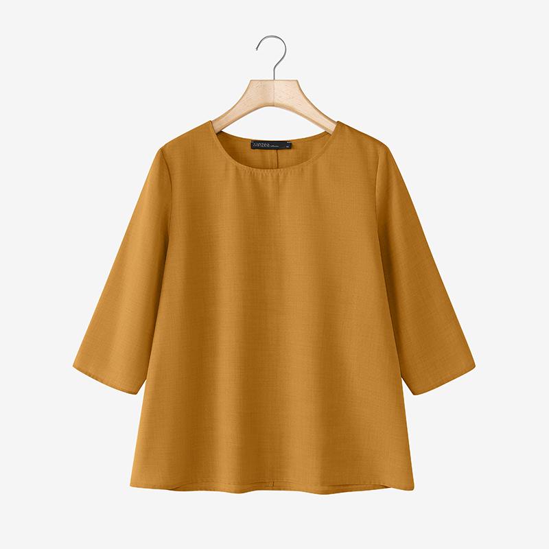 

ZANZEA Женская повседневная однотонная свободная блузка с круглым вырезом и рукавом 3/4 L жёлтый