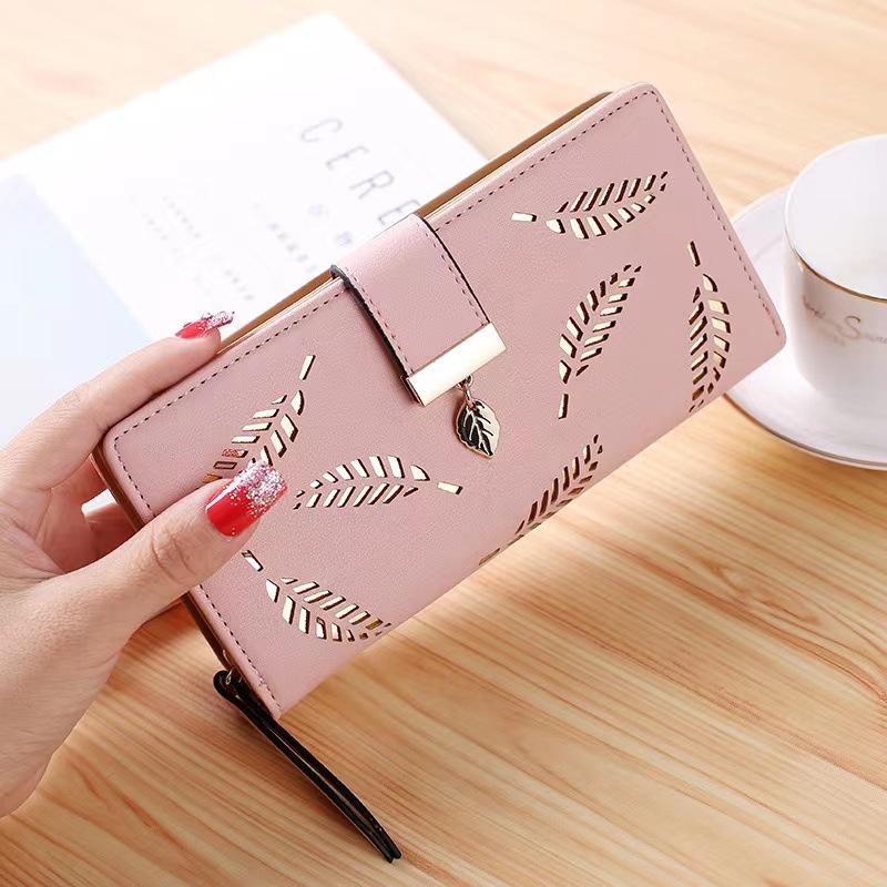 2023 New Ladies Wallet Hollow Leaf Pattern Pu Leather Zipper Closure Long Card Holder